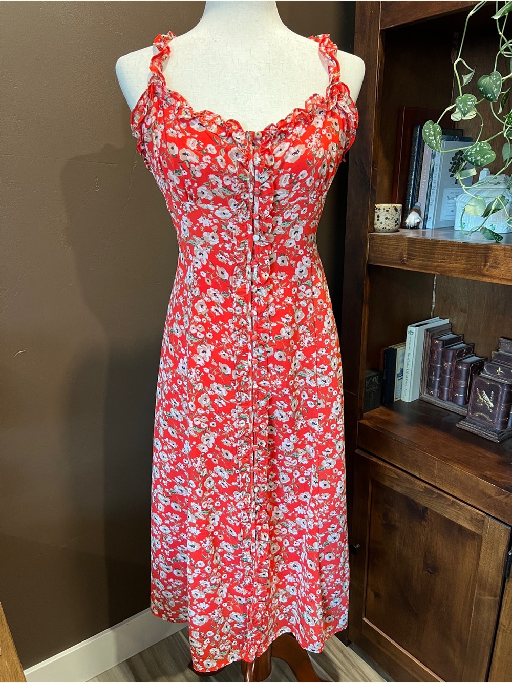 Red Floral Midi Dress with Ruffle Straps